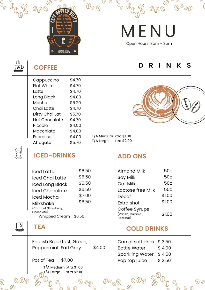 Menu, Cafe Hopper Bility SA
