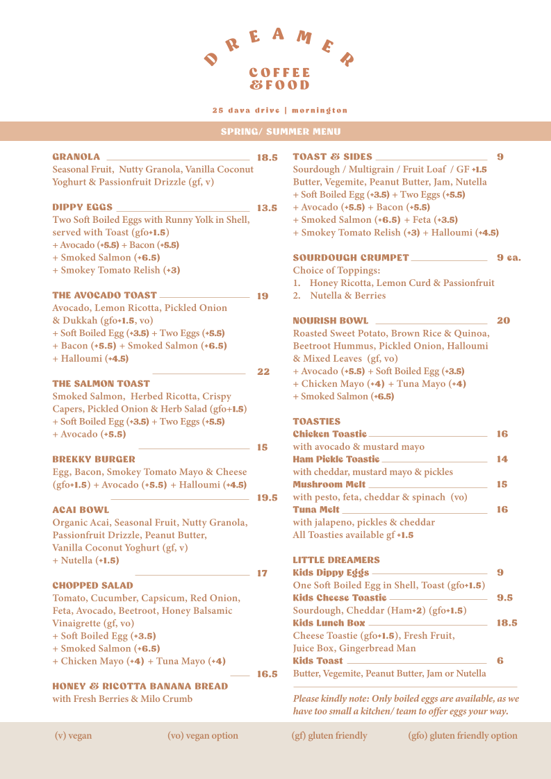 Menu, Dreamer Cafe Mornington