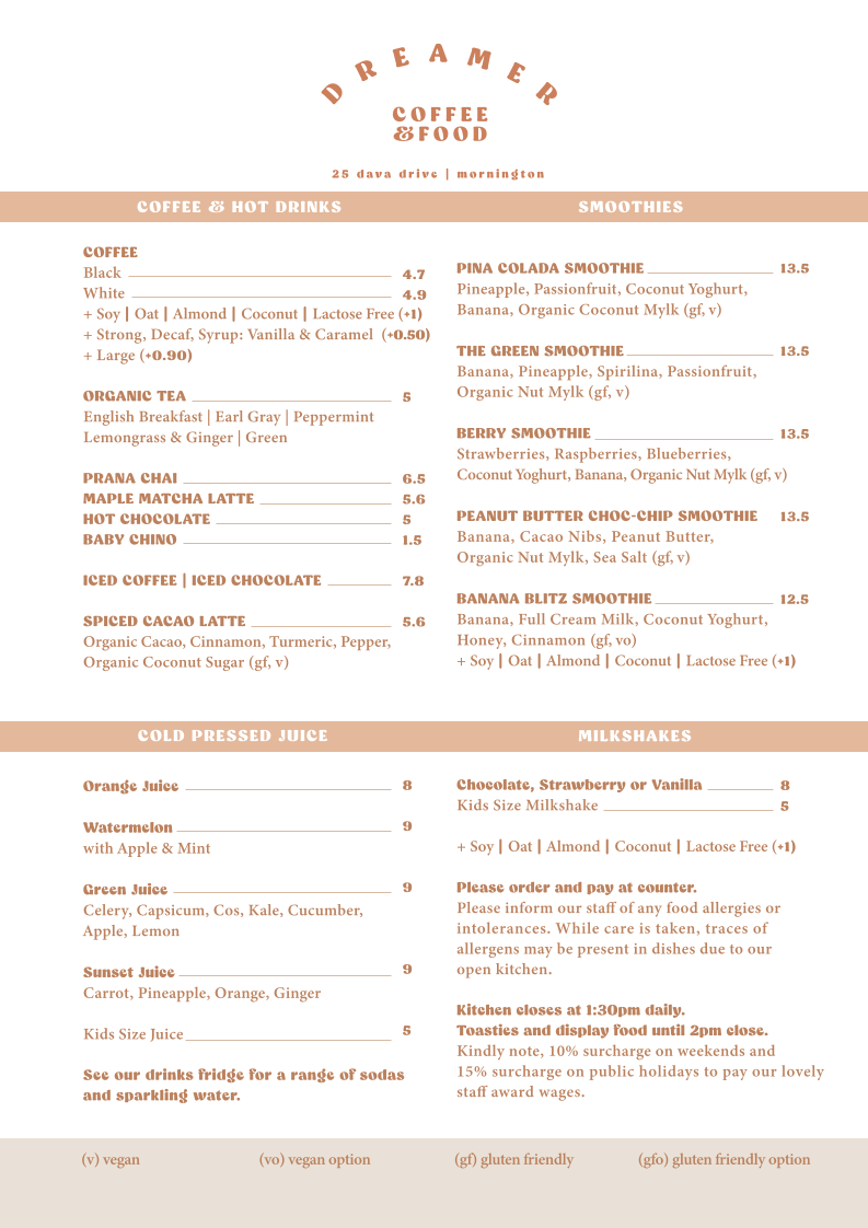 Menu, Dreamer Cafe Mornington