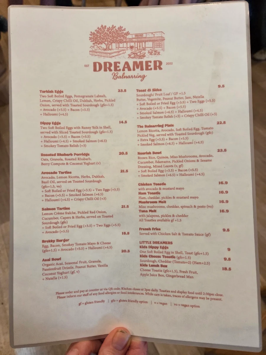 Menu, Dreamer Cafe Mornington