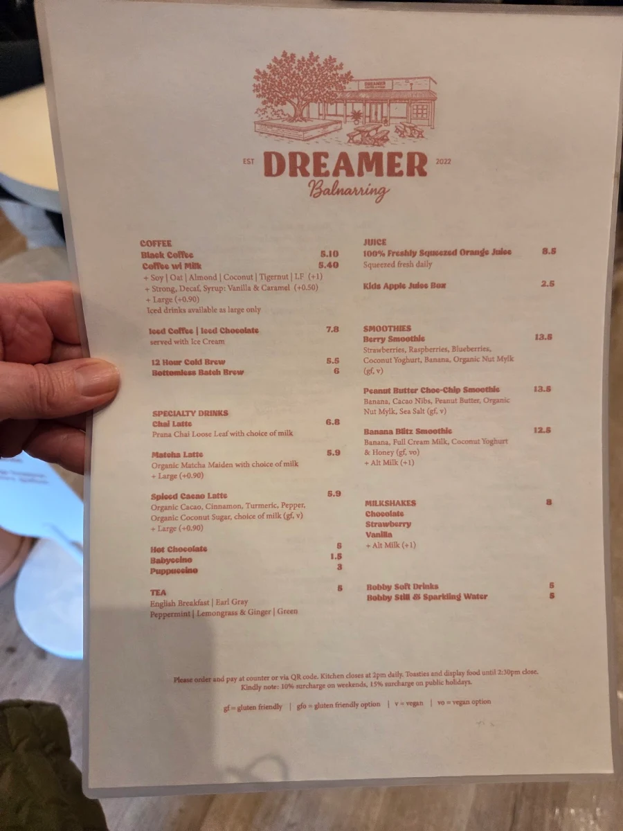 Menu, Dreamer Cafe Mornington