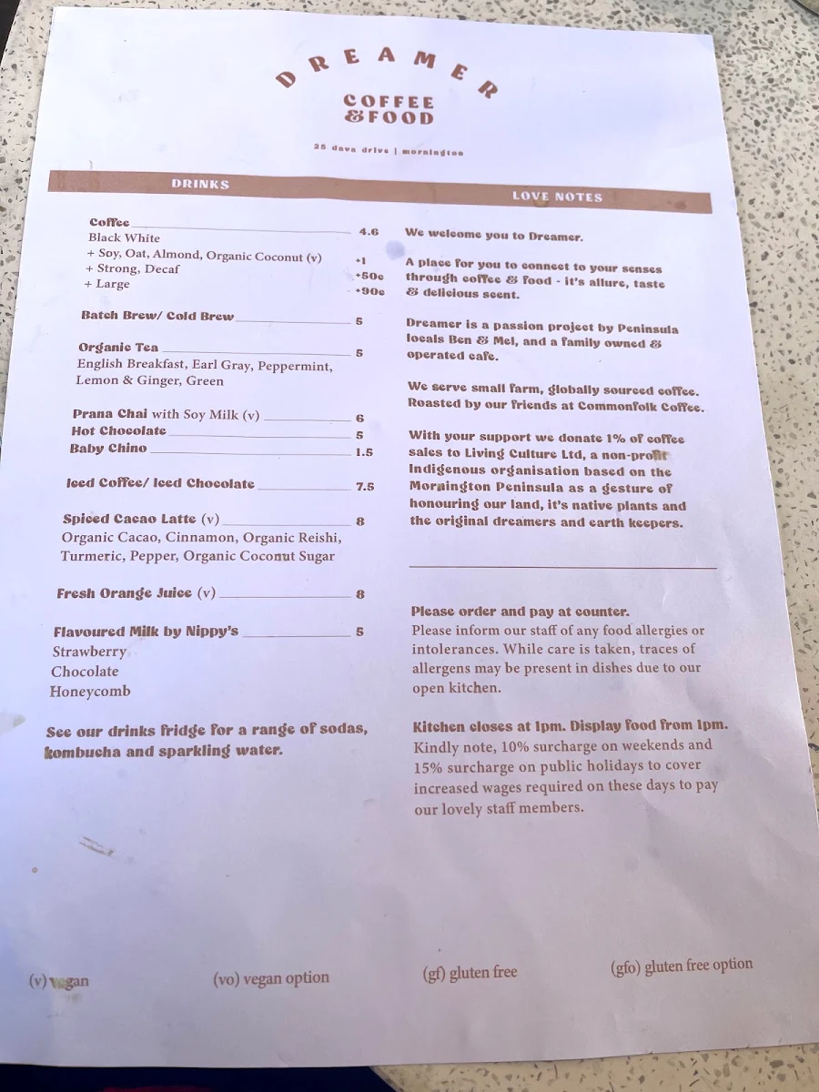 Menu, Dreamer Cafe Mornington