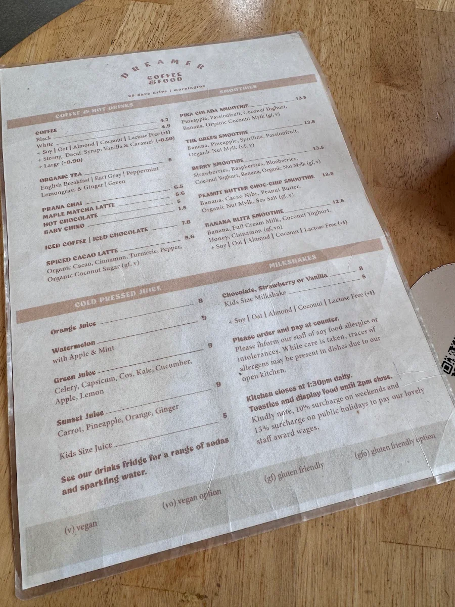 Menu, Dreamer Cafe Mornington