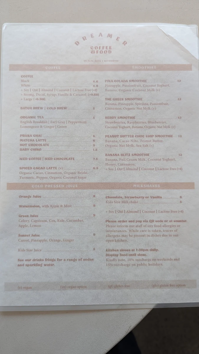 Menu, Dreamer Cafe Mornington