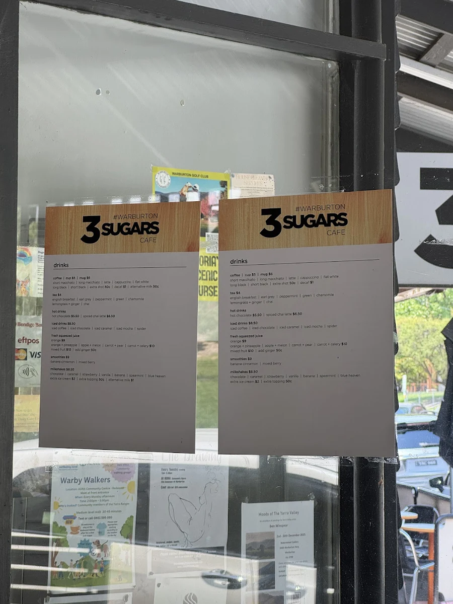 Menu, Three Sugars Cafe
