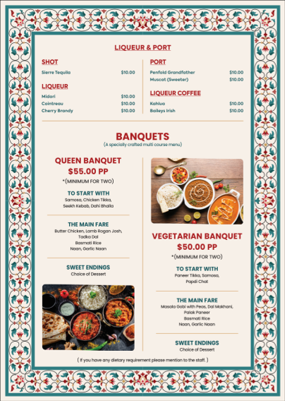 Menu, Shiraaz Geelong Indian Restaurant