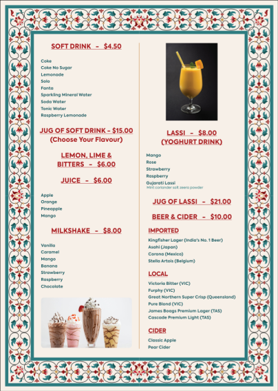 Menu, Shiraaz Geelong Indian Restaurant