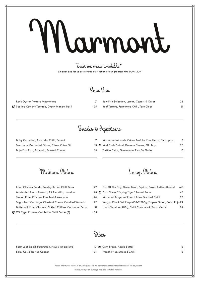 Menu, Marmont