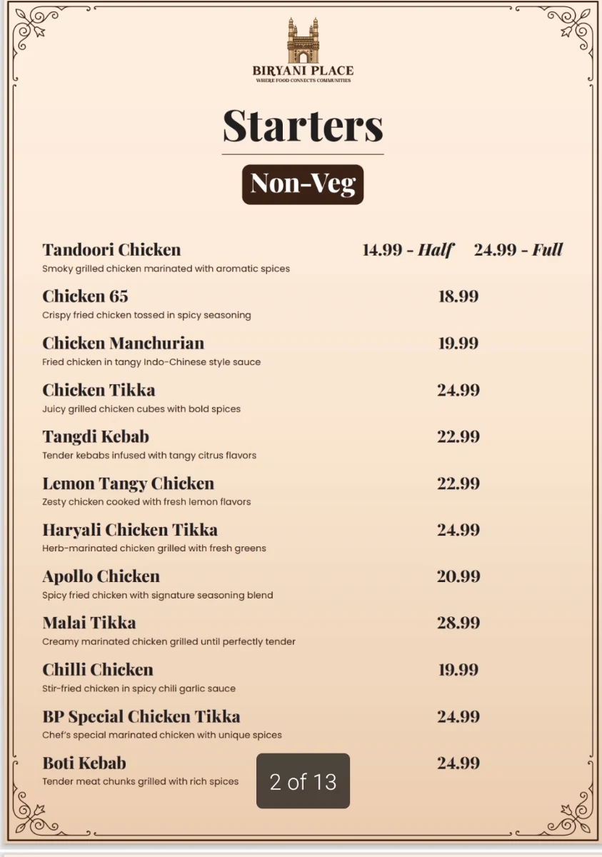 Menu, Biryani Place