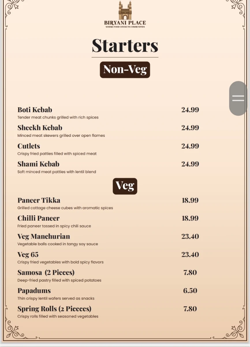 Menu, Biryani Place