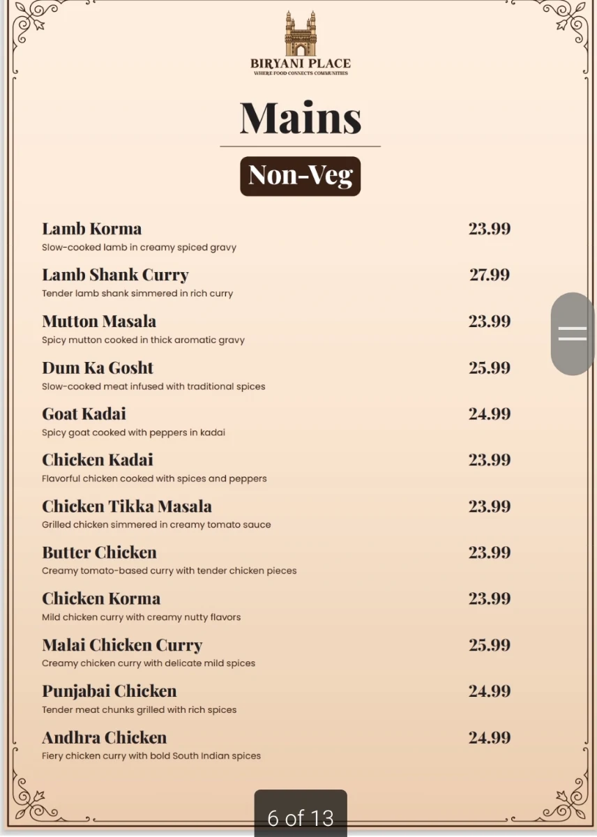 Menu, Biryani Place