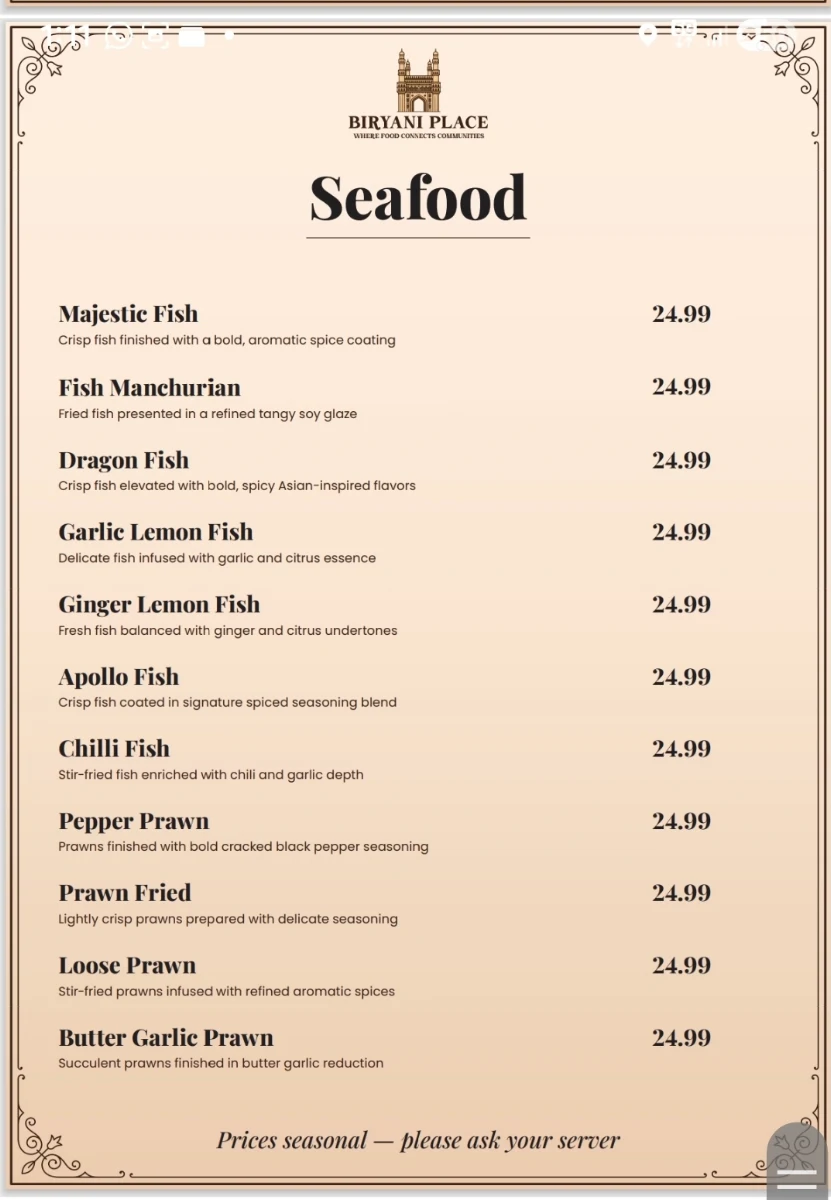 Menu, Biryani Place