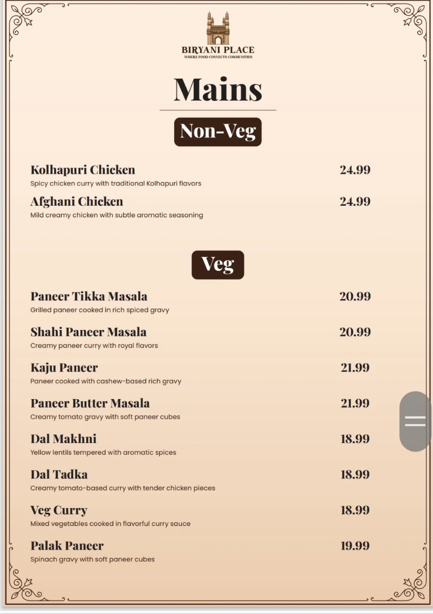Menu, Biryani Place
