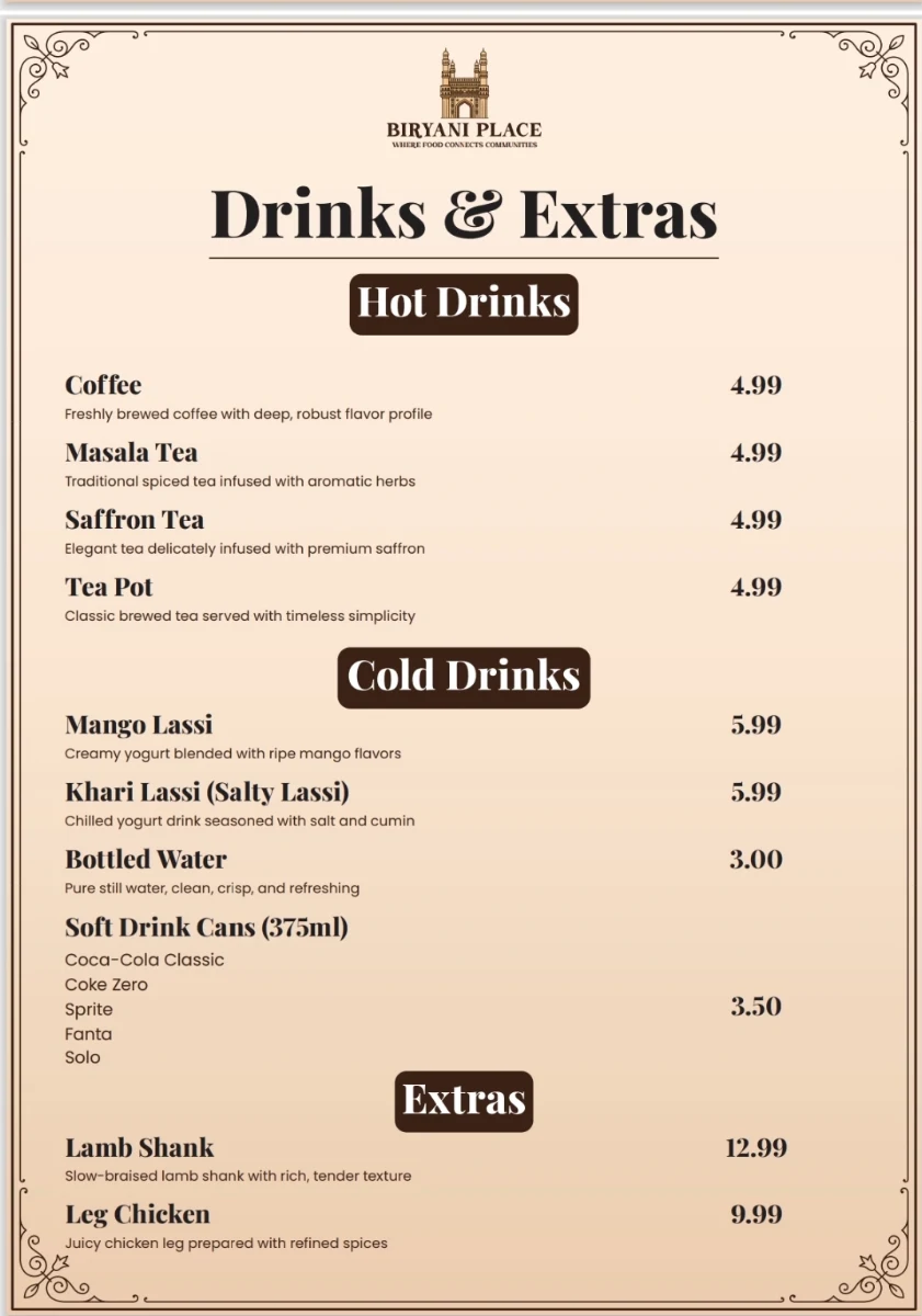 Menu, Biryani Place