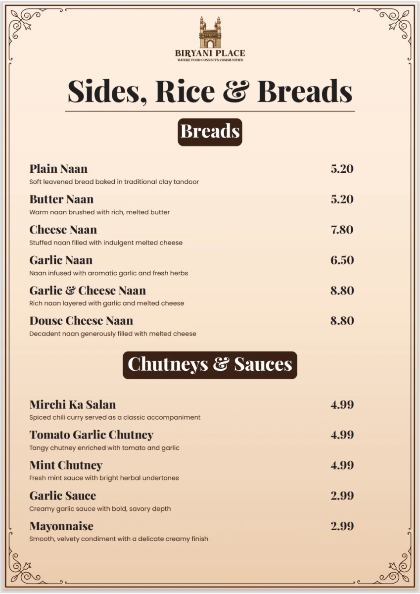 Menu, Biryani Place