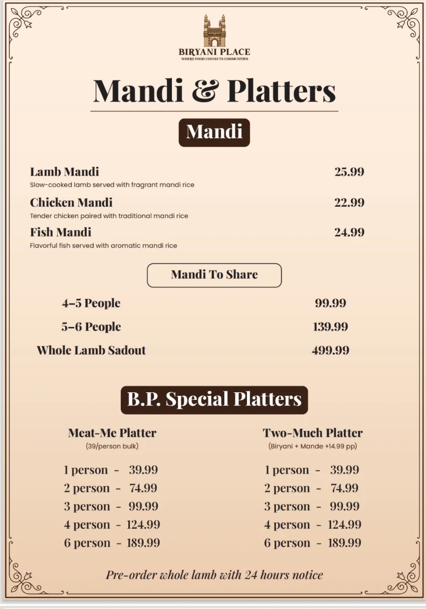 Menu, Biryani Place
