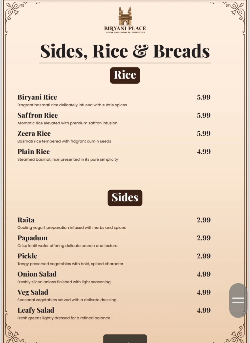 Menu, Biryani Place