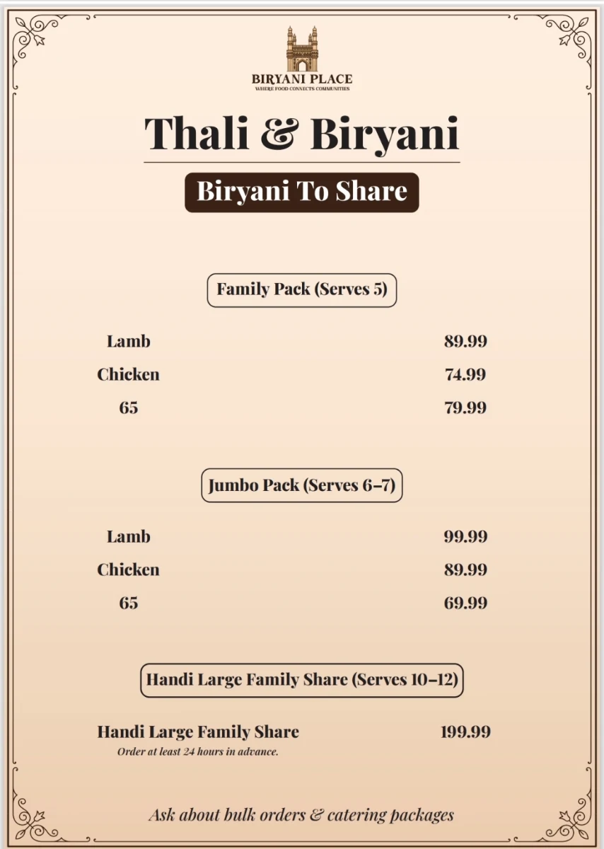 Menu, Biryani Place