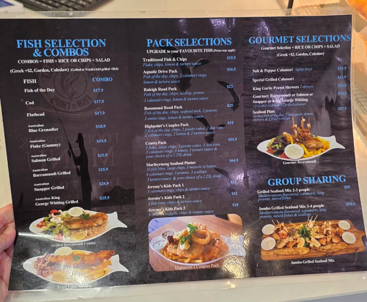 Menu, Highpoint Jeremy's Ocean Boat Fish n' Chips