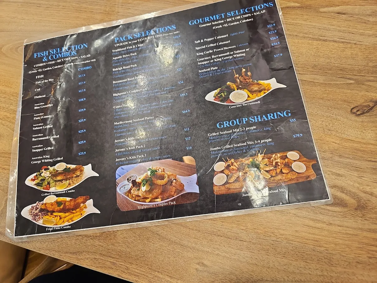 Menu, Highpoint Jeremy's Ocean Boat Fish n' Chips