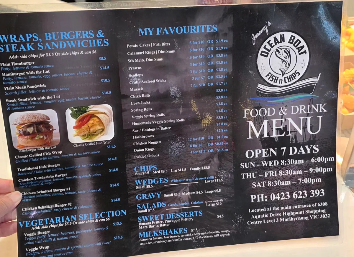 Menu, Highpoint Jeremy's Ocean Boat Fish n' Chips