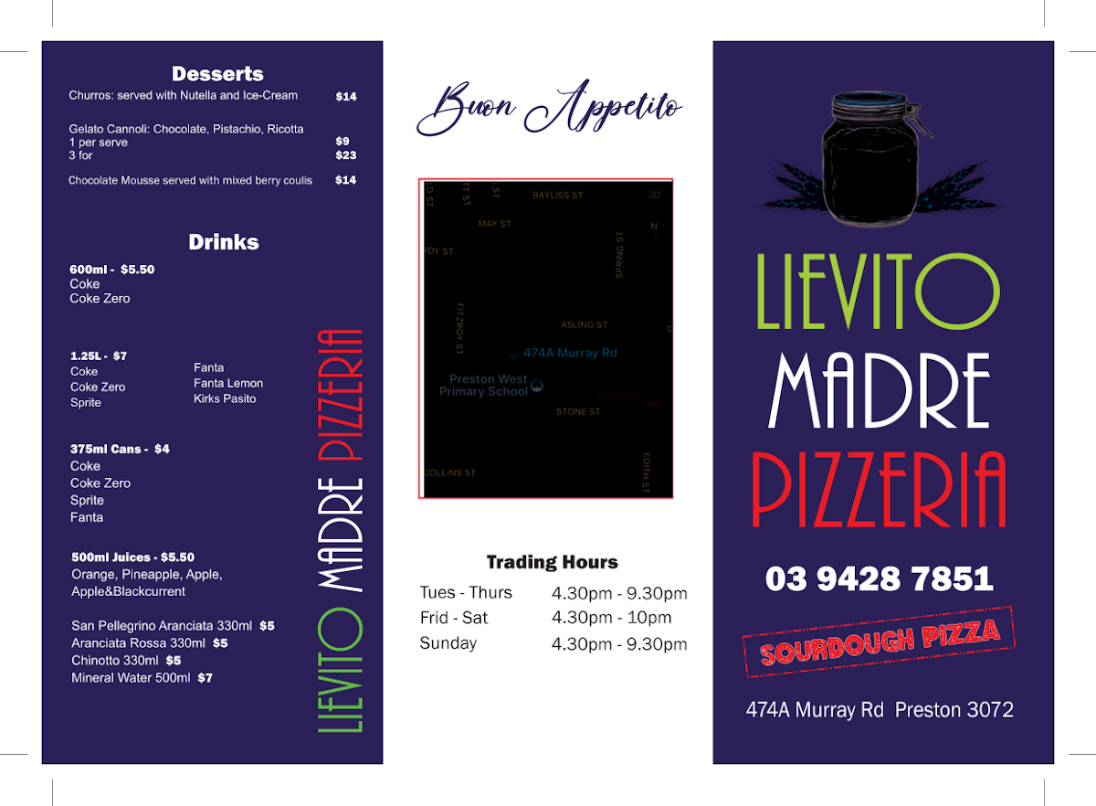 Menu, Lievito Madre pizzeria