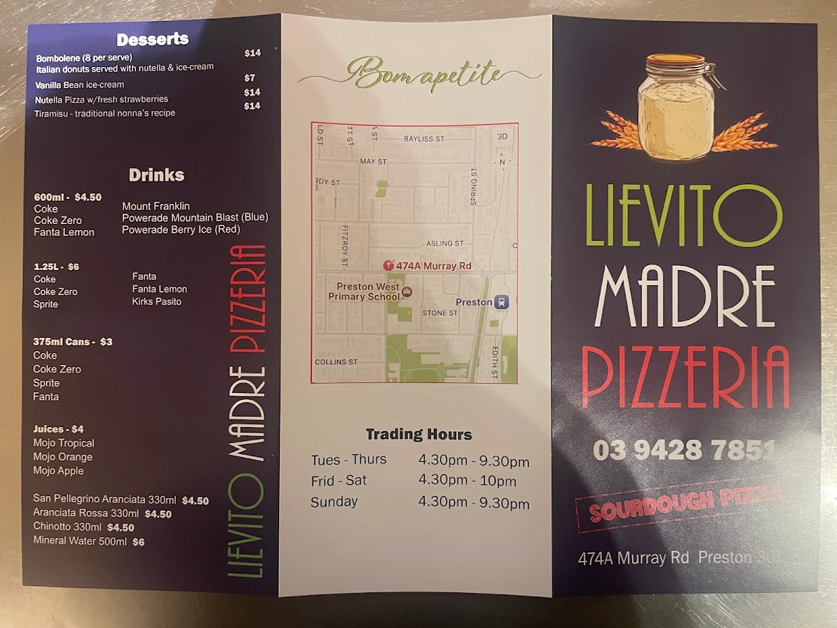 Menu, Lievito Madre pizzeria