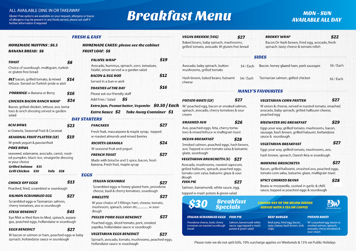 Menu, Bluewater Cafe