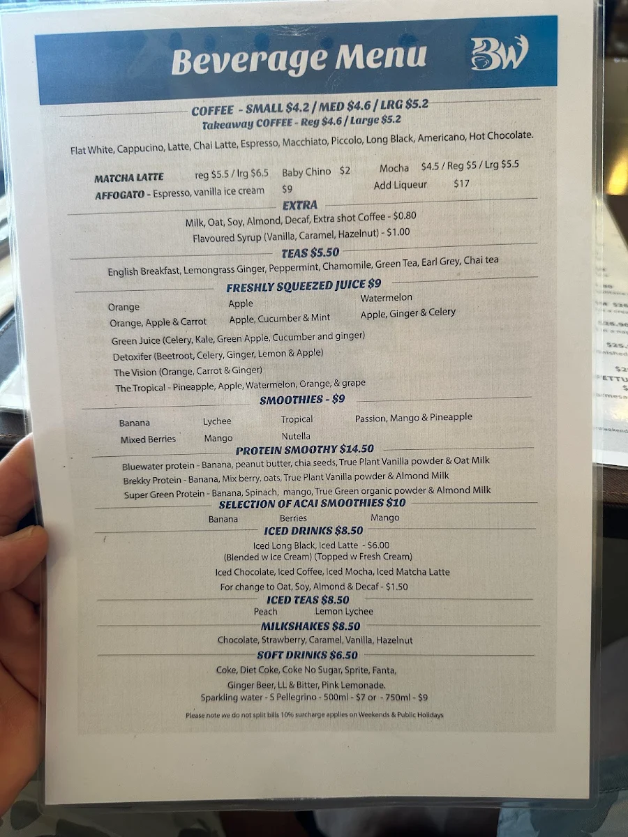 Menu, Bluewater Cafe