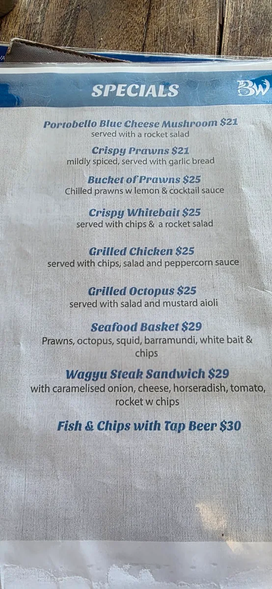 Menu, Bluewater Cafe