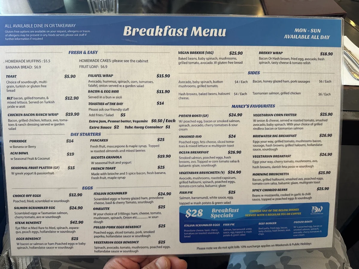 Menu, Bluewater Cafe
