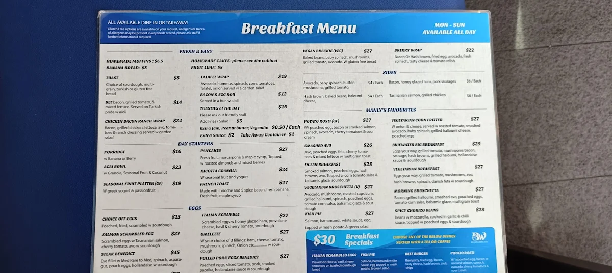 Menu, Bluewater Cafe