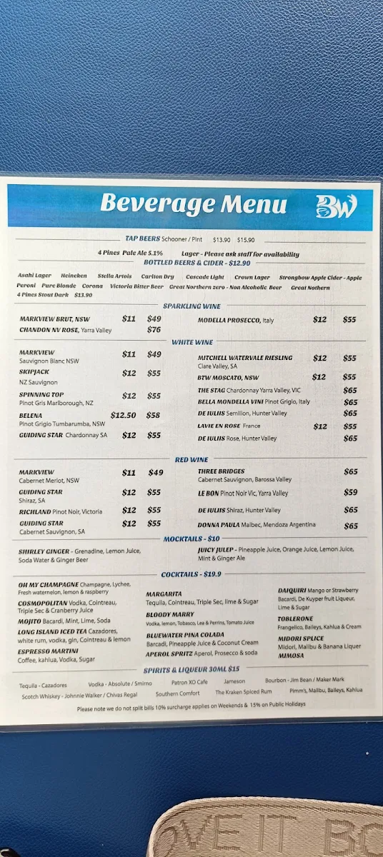 Menu, Bluewater Cafe