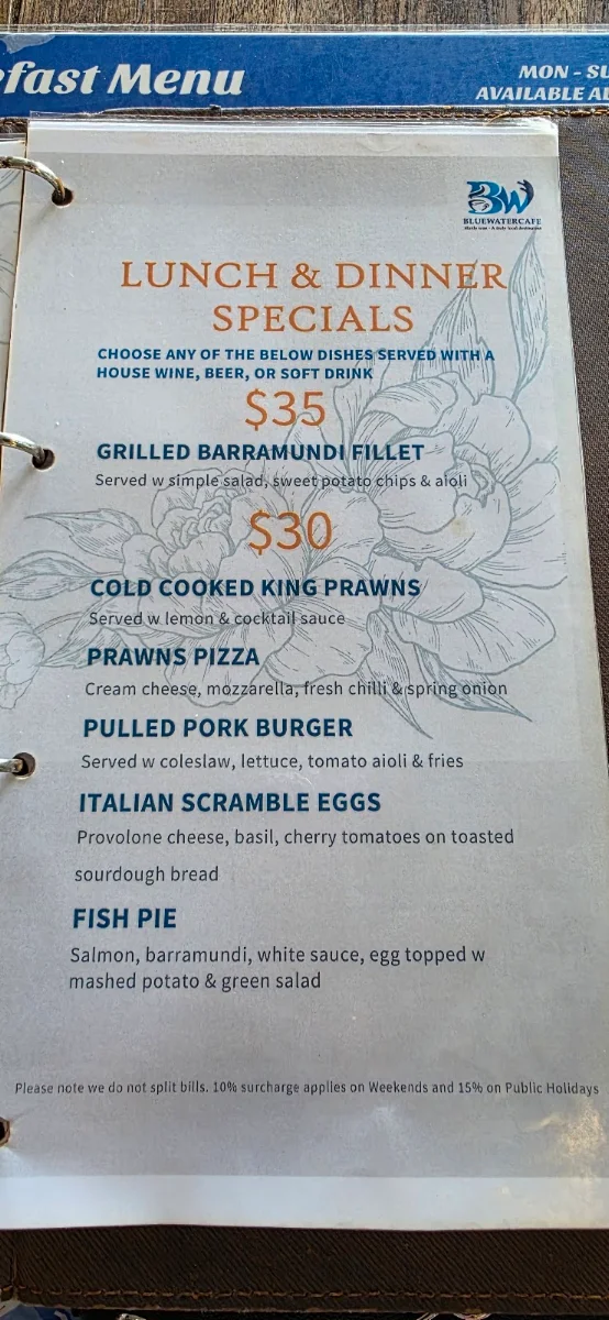 Menu, Bluewater Cafe