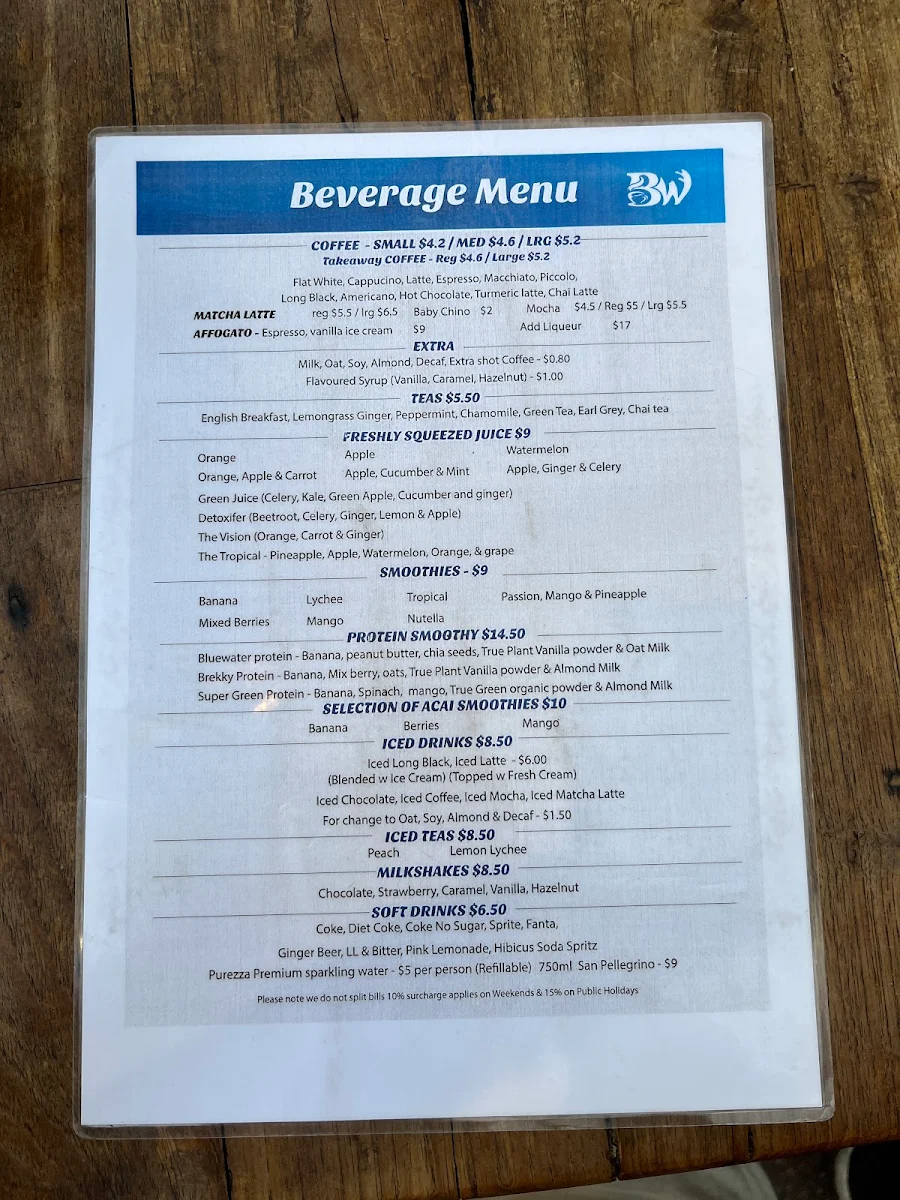 Menu, Bluewater Cafe