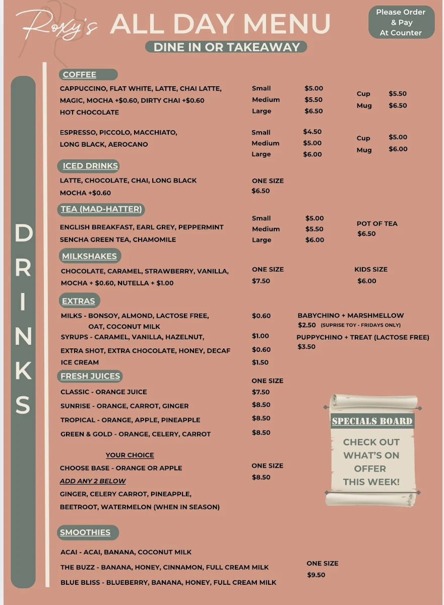 Menu, Roxy's Cafe