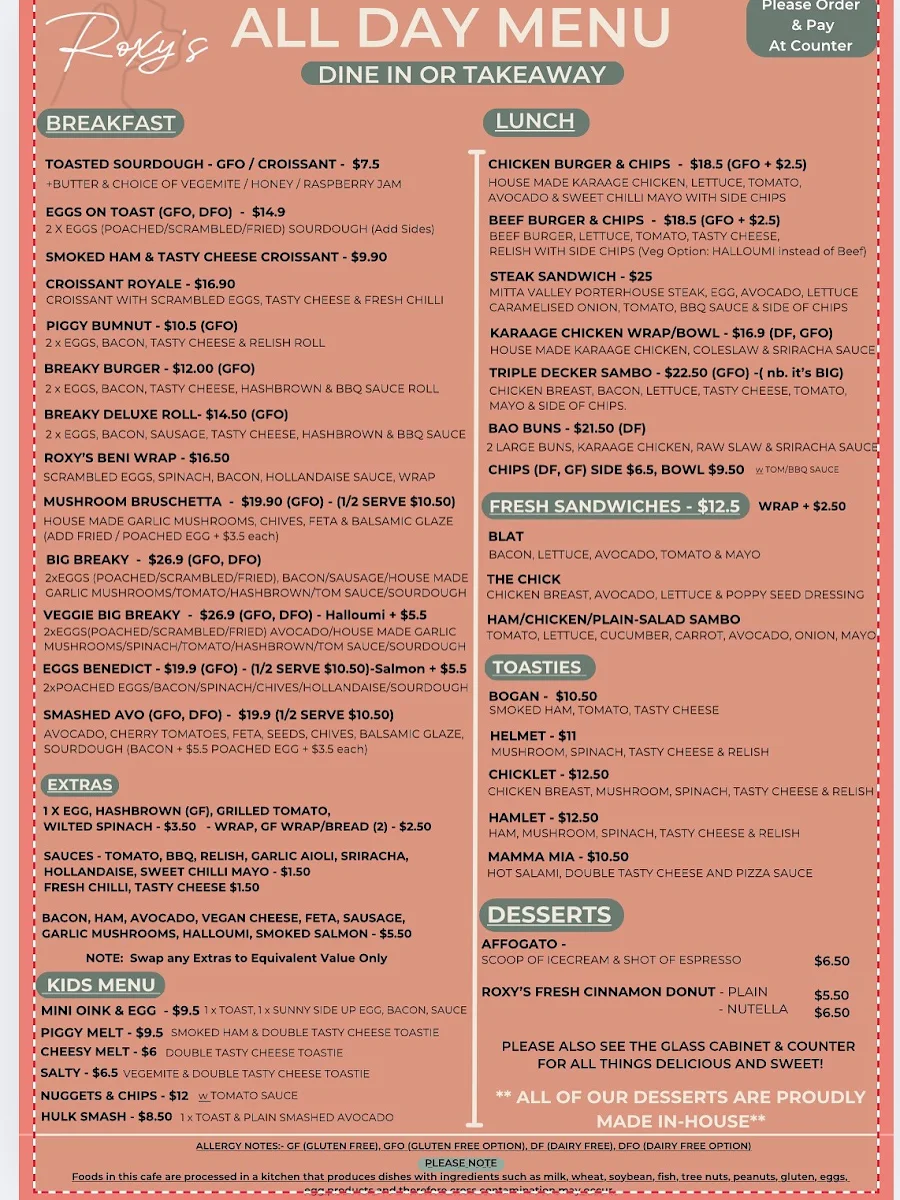 Menu, Roxy's Cafe