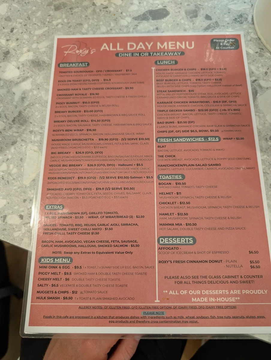Menu, Roxy's Cafe