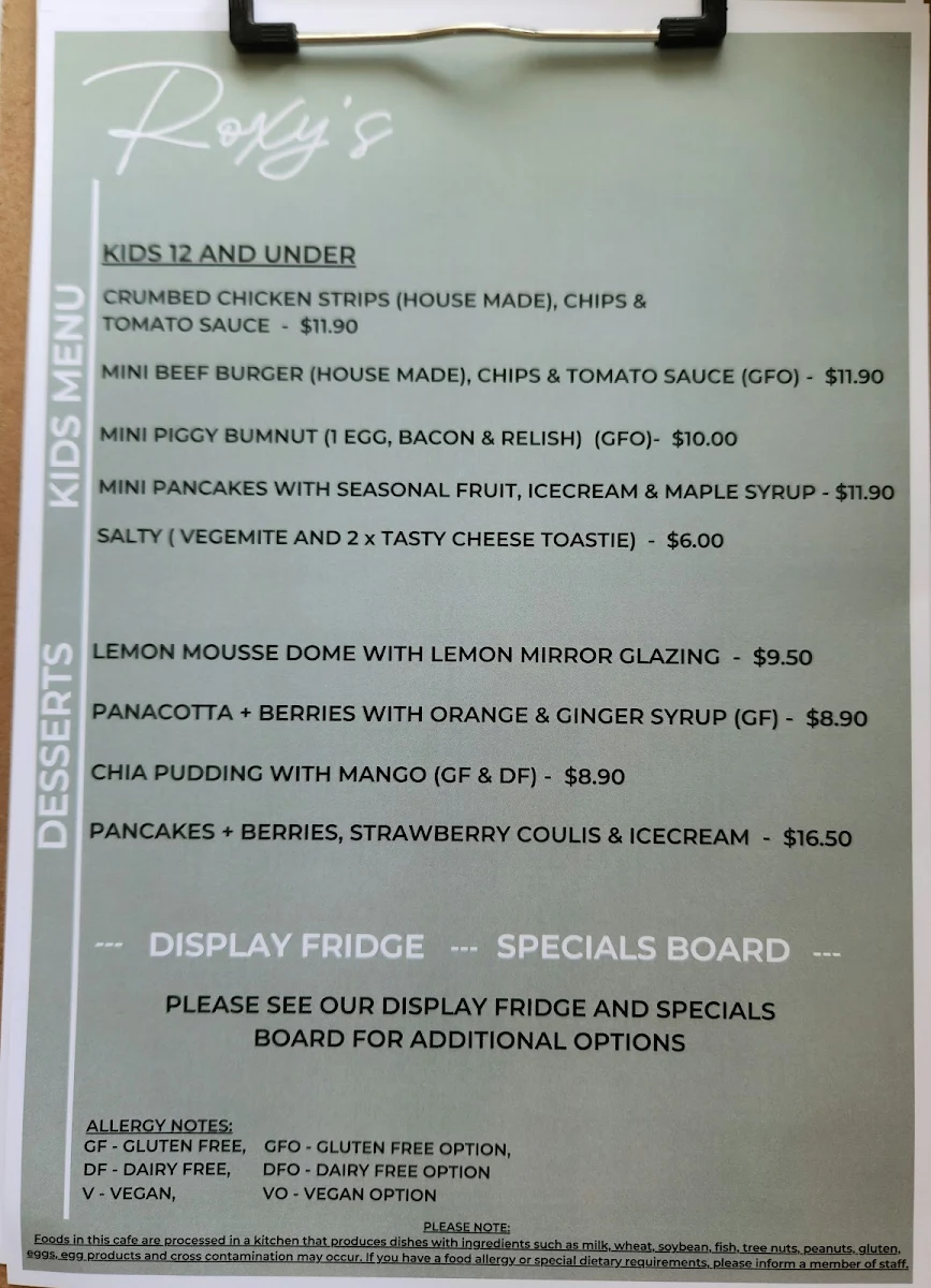 Menu, Roxy's Cafe