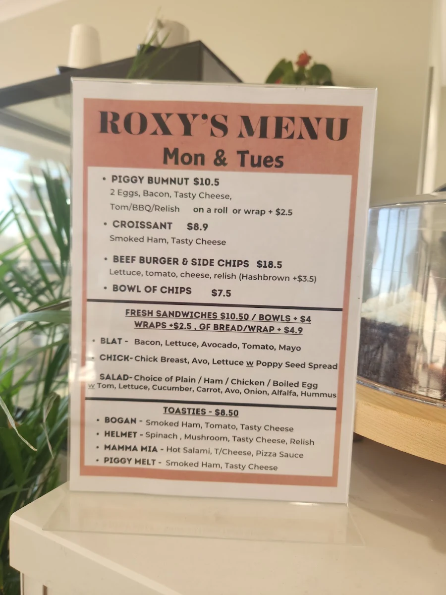Menu, Roxy's Cafe