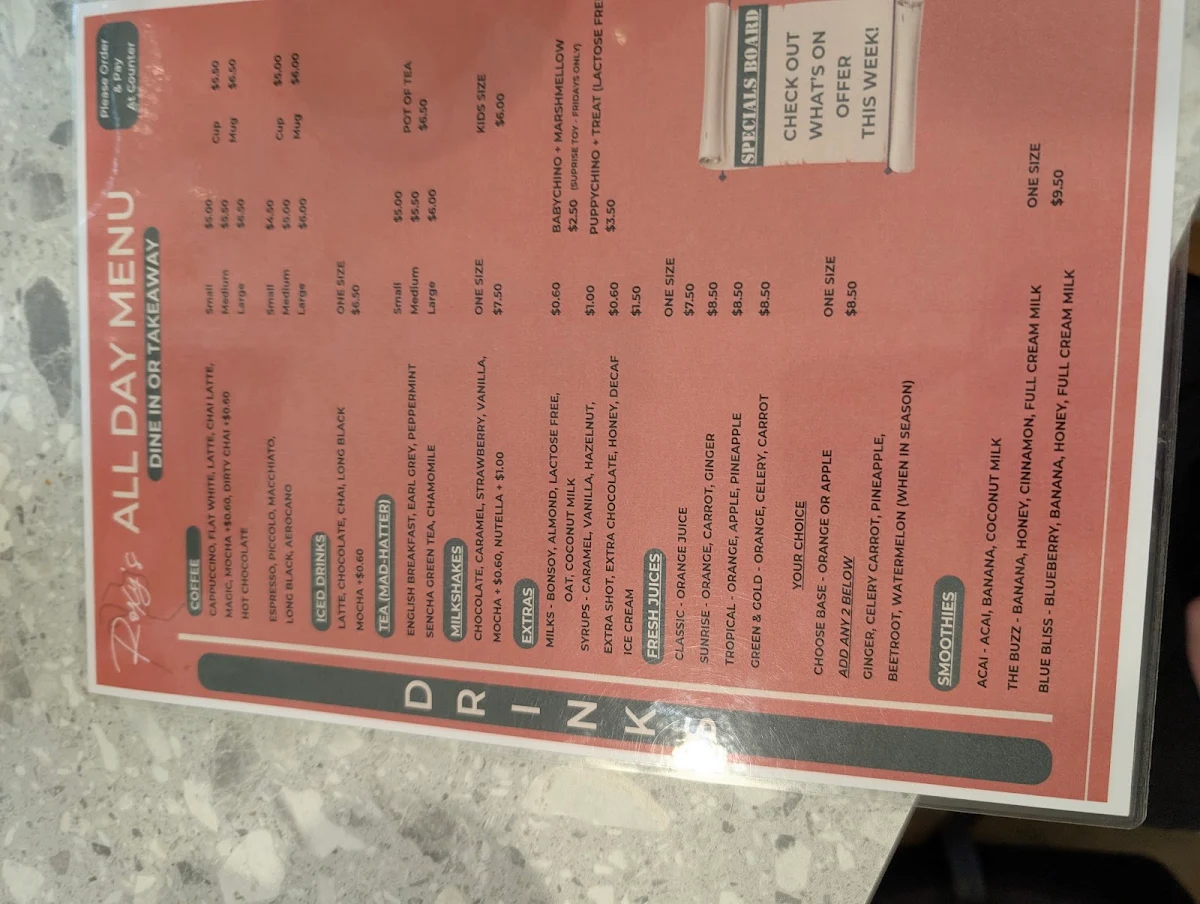 Menu, Roxy's Cafe