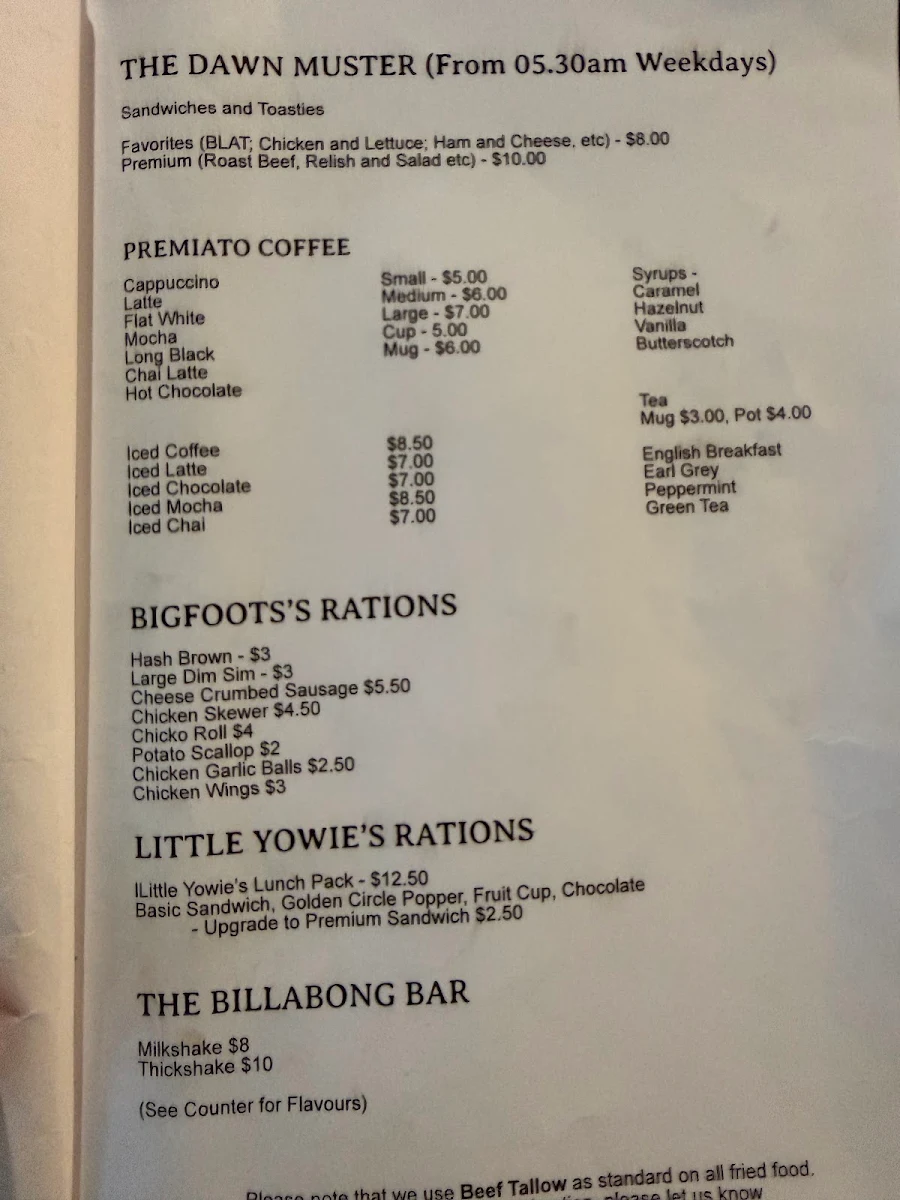 Menu, Yowie And The Goat Cafe