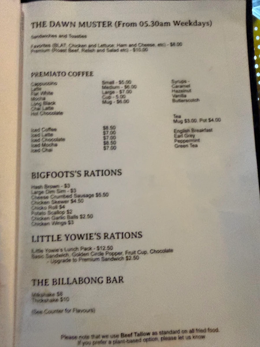 Menu, Yowie And The Goat Cafe