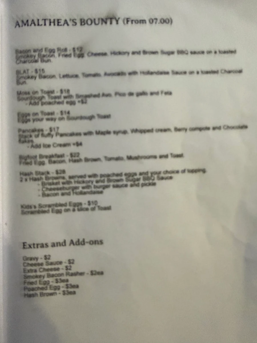 Menu, Yowie And The Goat Cafe