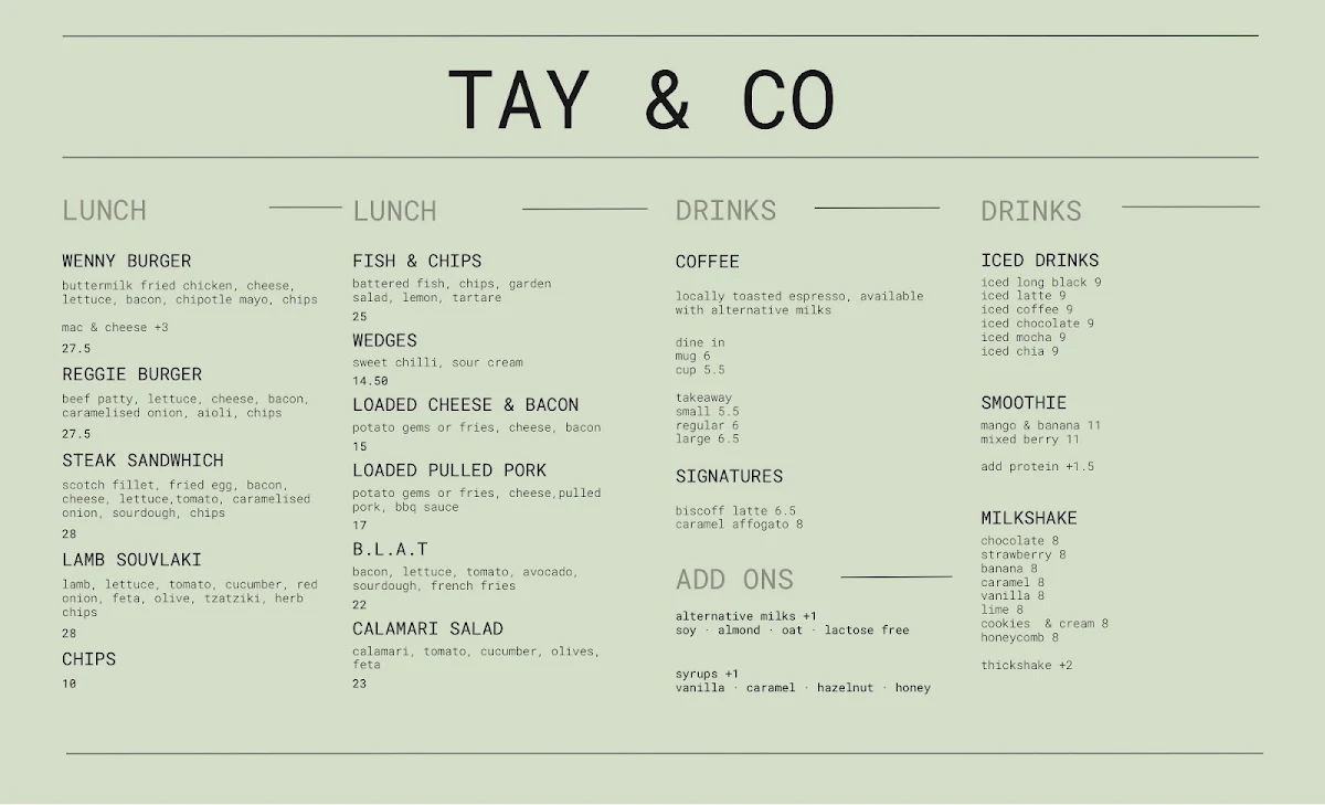Menu, Tay & Co
