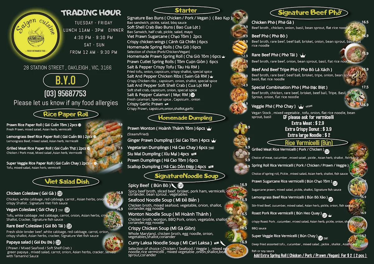 Menu, Saigon Cuisine Oakleigh Restaurant