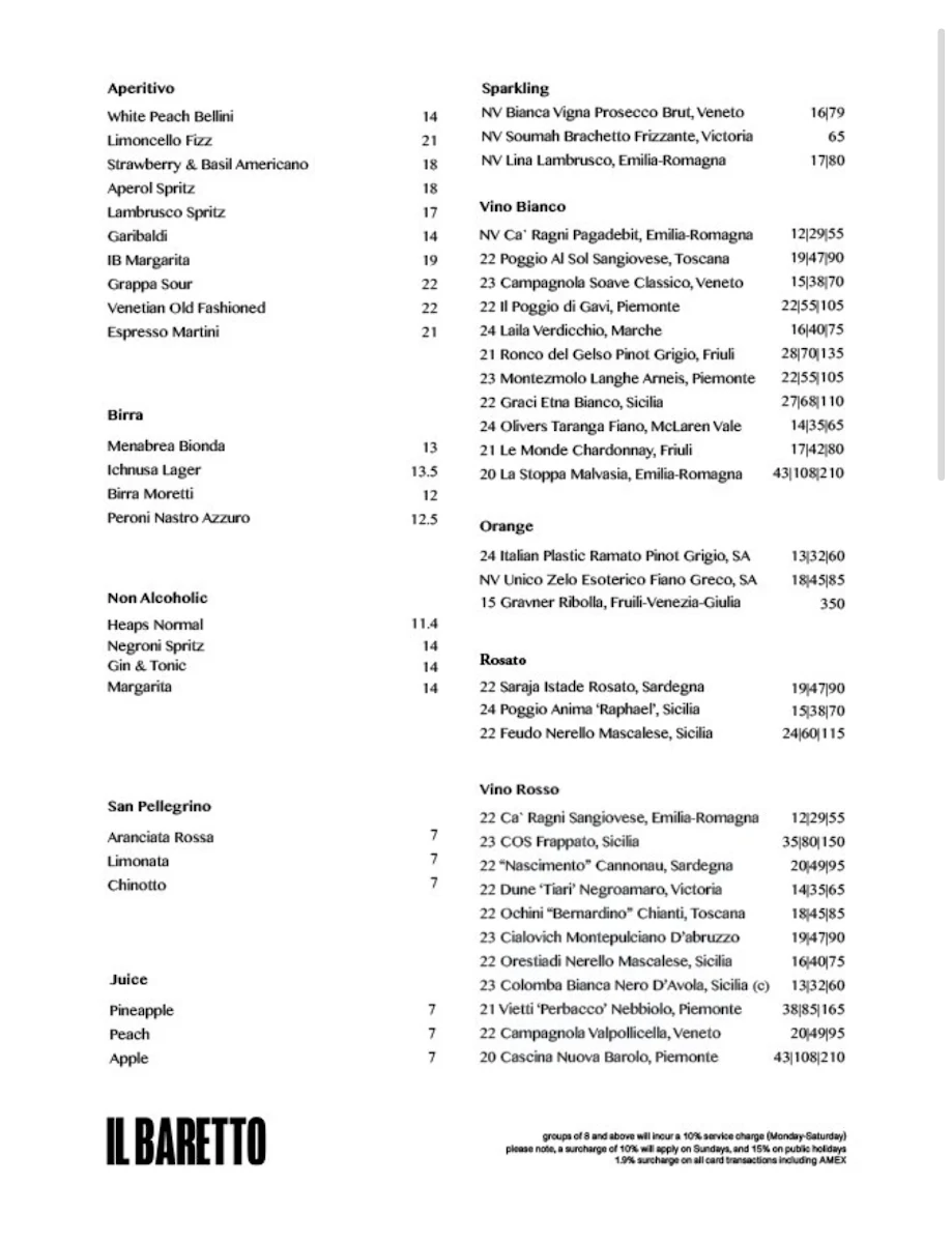 Menu, IL BARETTO - Paddington