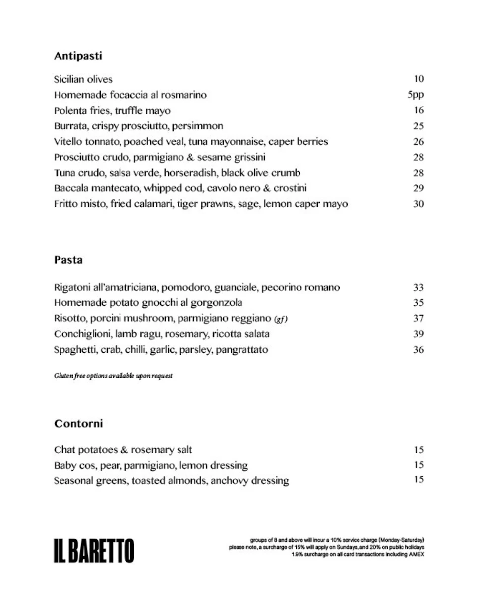 Menu, IL BARETTO - Paddington
