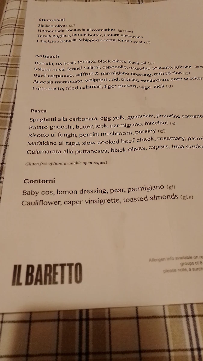 Menu, IL BARETTO - Paddington