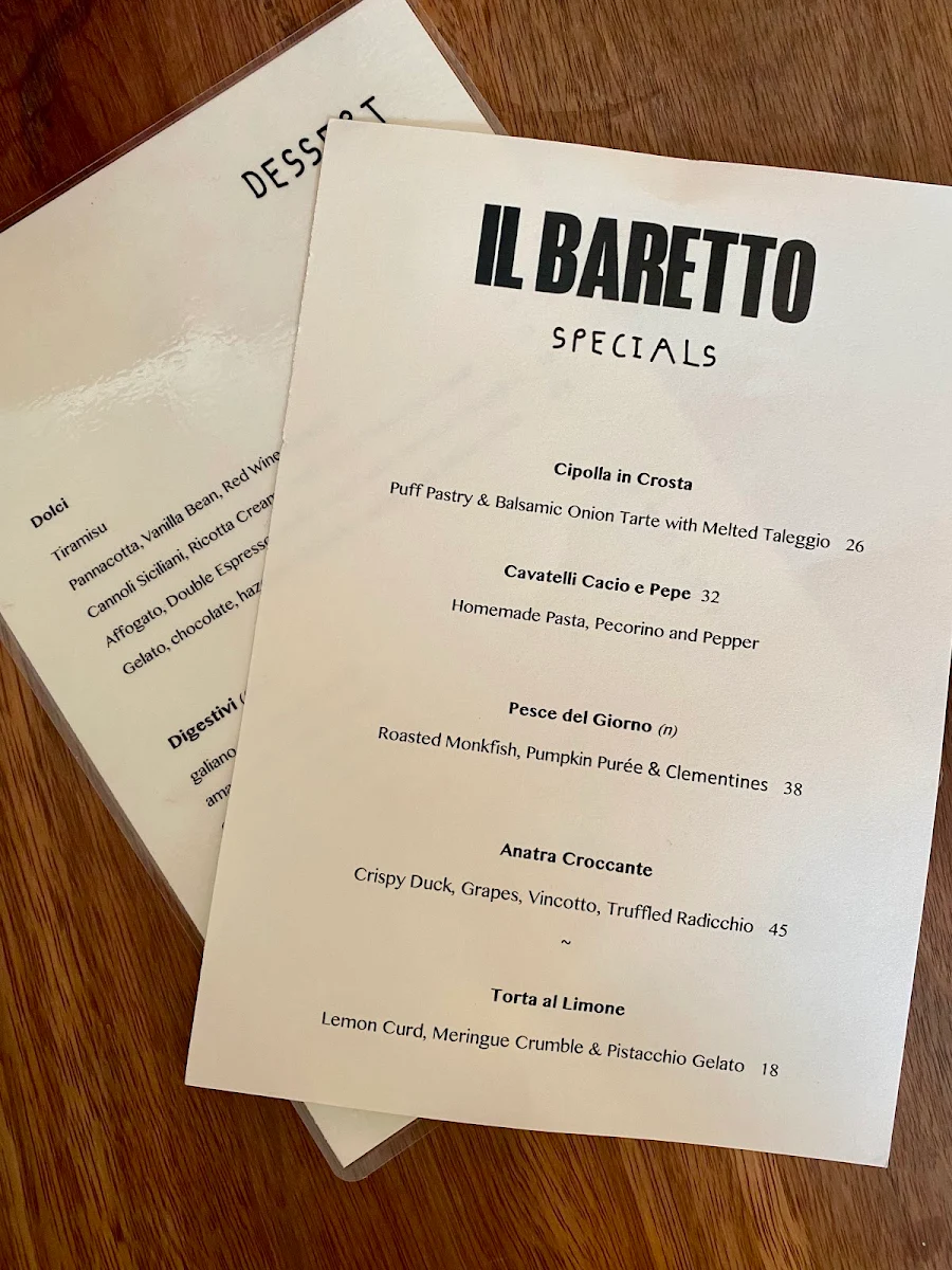 Menu, IL BARETTO - Paddington